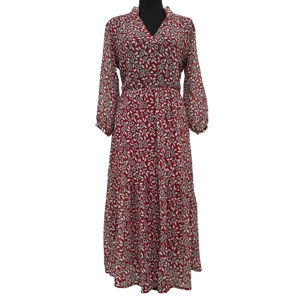 ba&sh Bonnie‎ Lady Dress Bordeaux Red Floral Chiffon Midi Small Boho Cottagecore